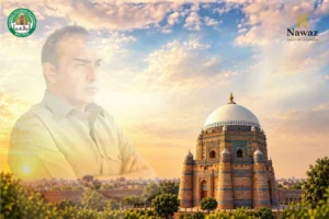 Malik Tahir Nawaz of Nawaz Group of Companies with the Multan skyline at sunset and DHA Multan logo.